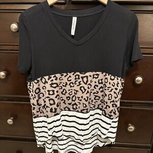 Black and Leopard Print Striped T-Shirt